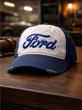 NWOT Ford Vintage Style Navy White Logo Trucker Distressed Baseball Cap